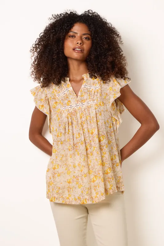 Yellow Ditsy Floral Cotton Ruffle Sleeve Top - Blue Vanilla