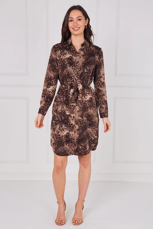 Mocha Leopard Print Belted Shirt Dress - Love Sunshine