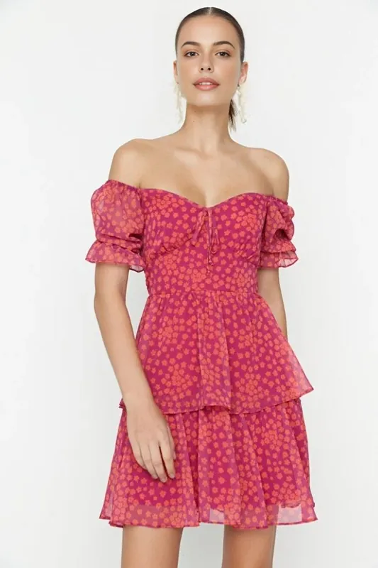 Floral Print Off Shoulder Skater Mini Dress with Ruffe and Tiered Hem - WOVCOR