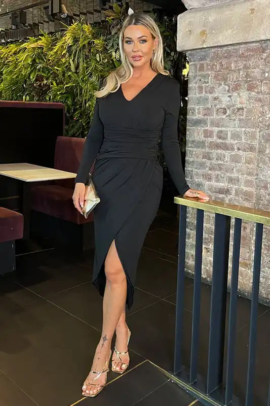Black V Neck Long Sleeve Wrap Skirt Midi Dress - AX Paris