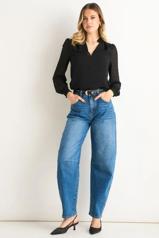 Black Dobby Chiffon Frill Neck Blouse - Gini London