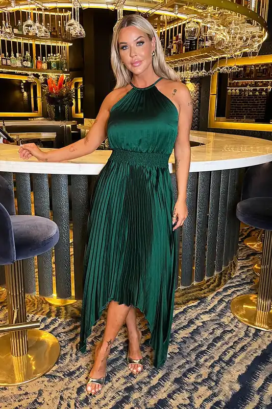Teal Halter Neck Zig Zag Hem Pleated Midi Dress - AX Paris