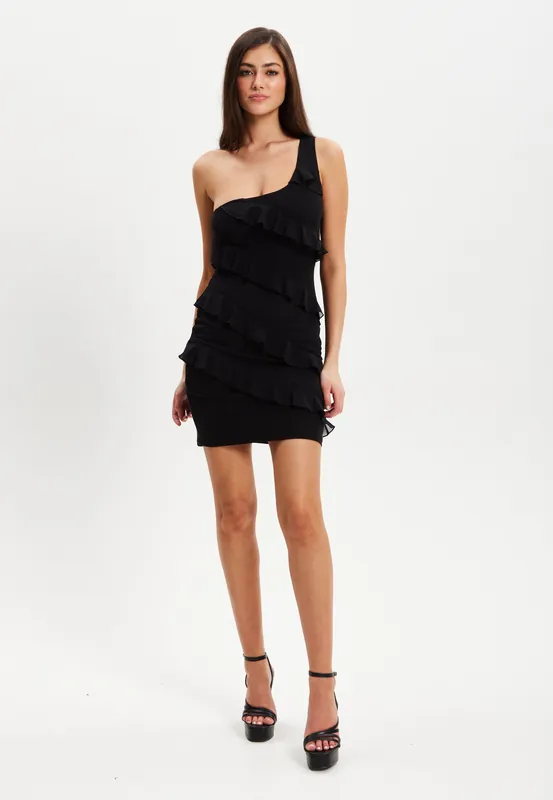 Diagonal Ruffle One Shoulder Mini Dress In Black - Liquorish