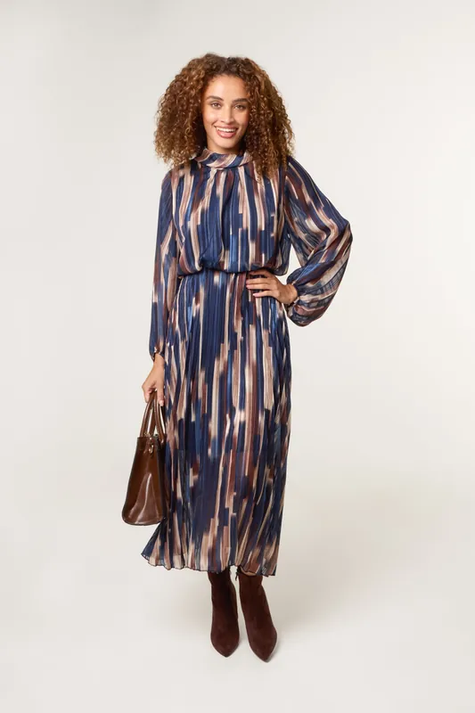 Navy High Neck Printed Dress With Elasticated Waist - Blue Vanilla