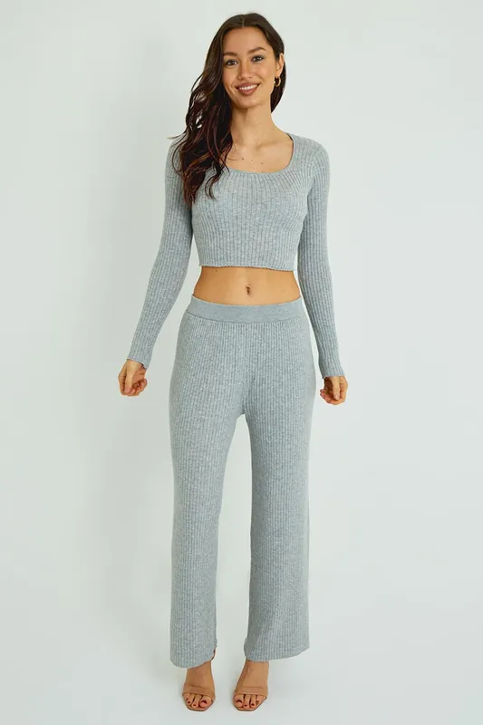 Ribbed Knit Crop Top & Wide Leg Trouser - ELAINA FASHION