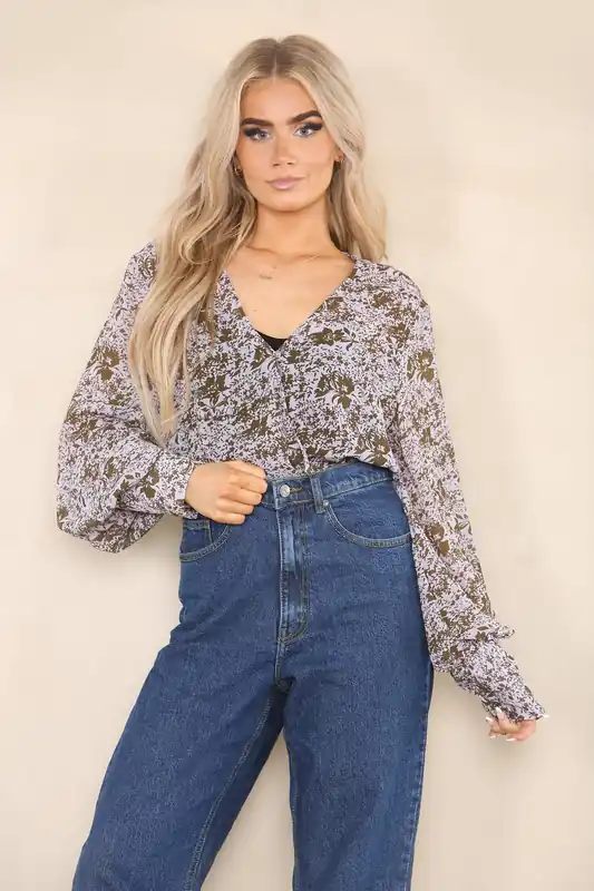 Blouse with Smocked Long Balloon Sleeves - ELAINA FASHION