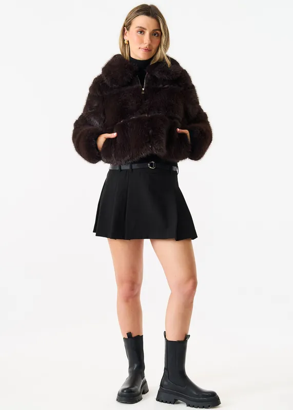 Brown Panel Faux Fur Cropped Jacket - Gini London