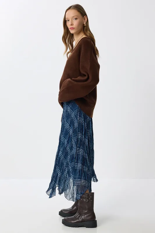 High Waist Asymmetric Midi Skirt with Zipper - Happiness Istanbul