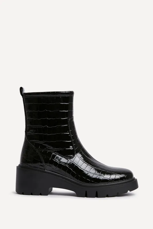 Limited Black Faux Croc Leather Ankle Boot - Linzi