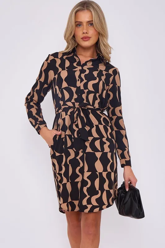 Brown Geo Print Mini Shirt Dress - Love Sunshine