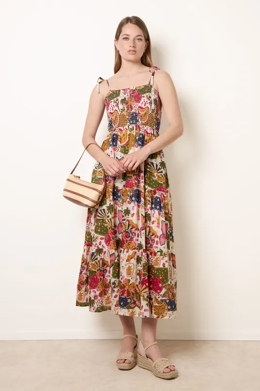 White Bold Print Shirred Waist Dress - Blue Vanilla
