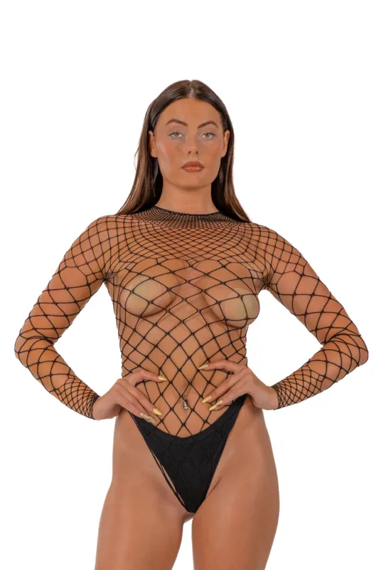 Fence Net Long Sleeved Thong Bodysuit - Loving Joy