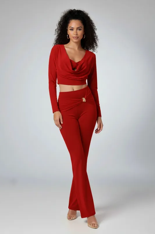 Cowl Neck Knot Detail Long Sleeve Crop Top and Flared Trouser Co-ord
