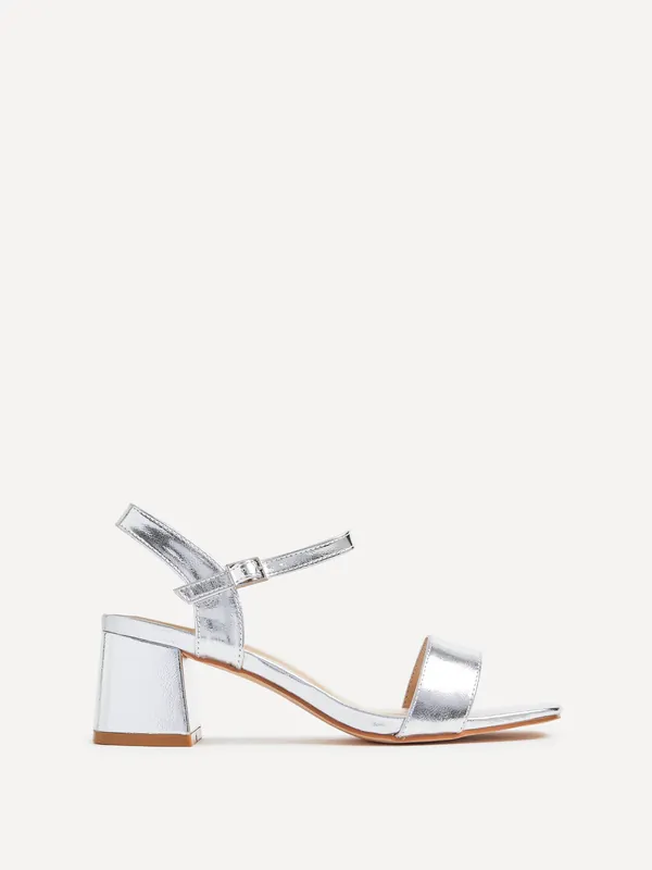 Darcie Silver Faux Leather Low Chunky Block Heeled Sandal - Linzi
