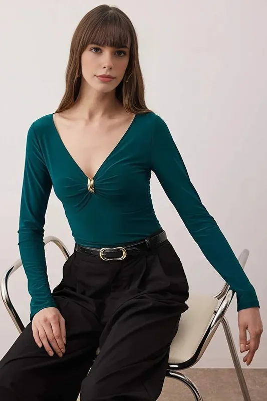 V-Neck Fitted Knit Bodysuit with Gold Ring Detail