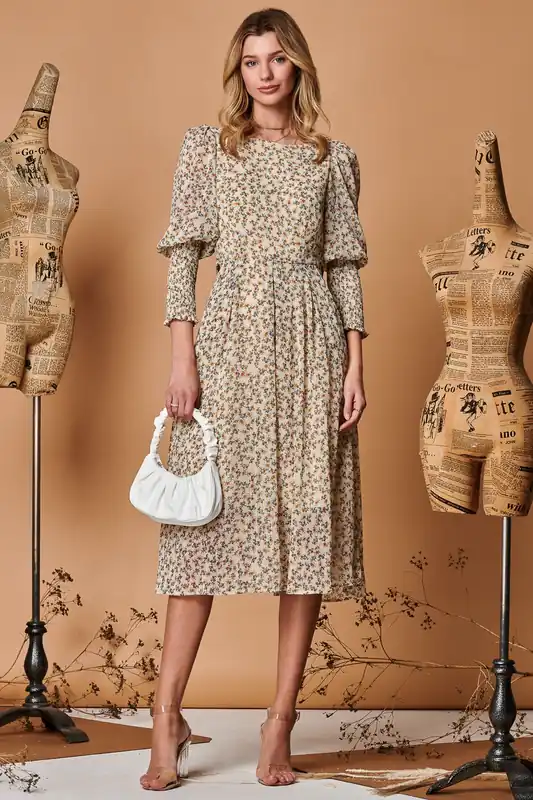 Chiffon Maxi Dress with Shirred Cuffs - Jolie Moi