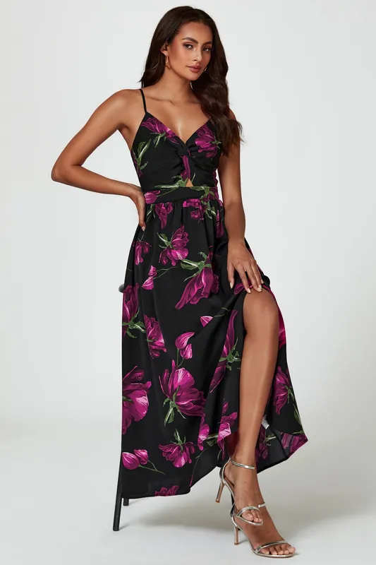 Floral Print Maxi Dress In Black - FS Collection