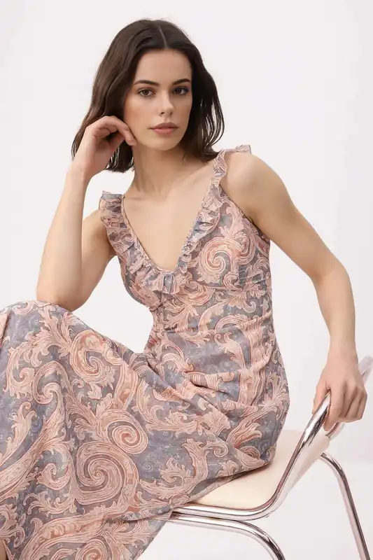 Shawl Print Ruffle Strap Midi Chiffon Dress with a Flared Fit - WOVCOR