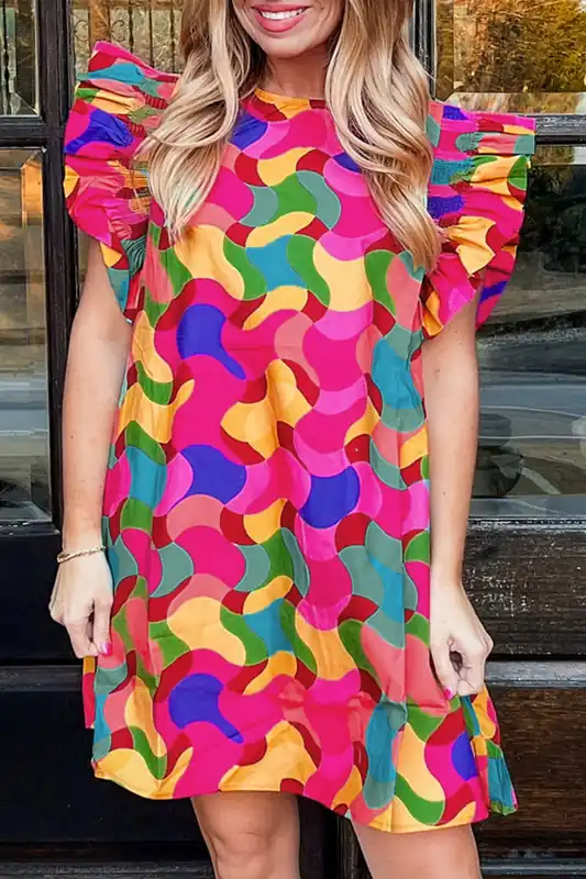Rose Red Abstract Print Ruffle Sleeve Shift Dress - Everyday The Label