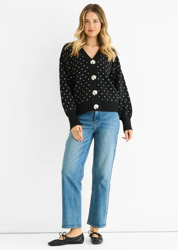 Black Spot Print Button Cardigan Look Jumper - Gini London