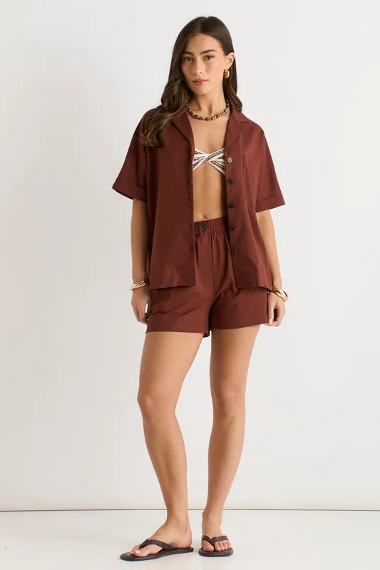 Chocolate Linen Mix Oversized Button Through Shirt - Gini London