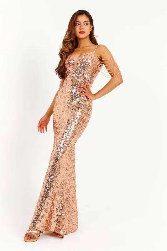 Gold V-Neck Jewelled Shoulder Sequin Maxi Dress
