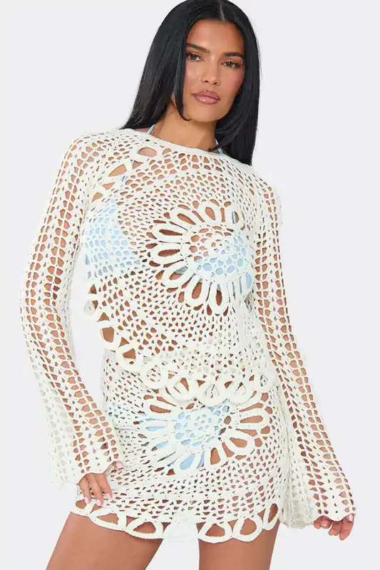 Long Sleeve Crew Neck Asymmetric Hem Crochet Top - EGO