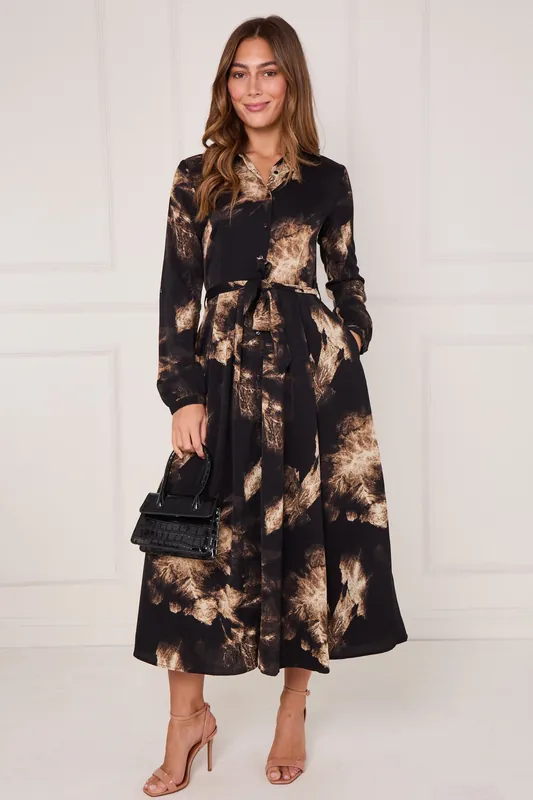Black and Gold Tie Dye Print Maxi Shirt Dress - Love Sunshine