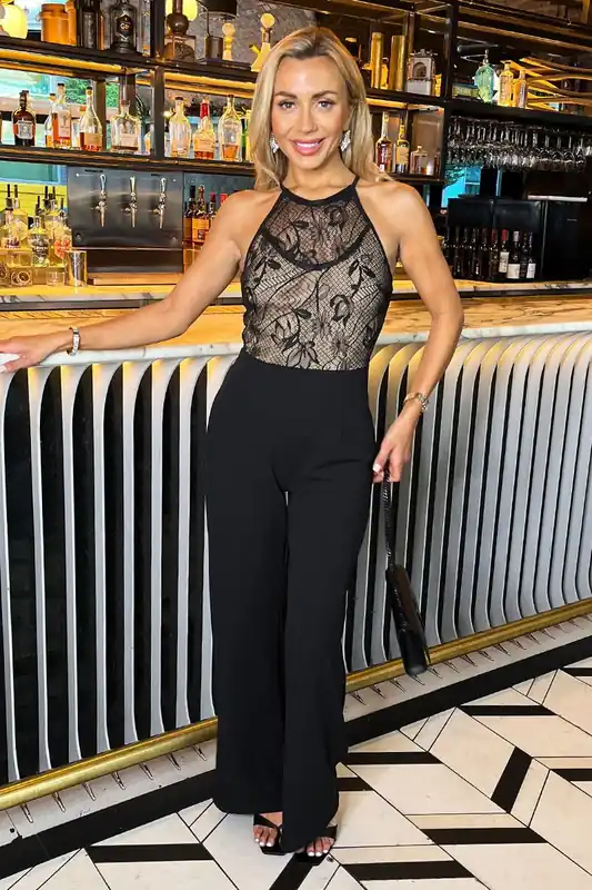 Black Contrast Lace Top 2 in 1 Racer Neck Jumpsuit - AX Paris