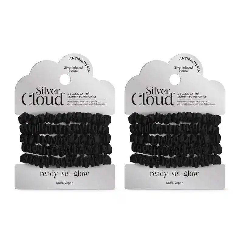 Silver Ion Infused Satin Hair Scrunchies Black 5 Pack - Twin Pack