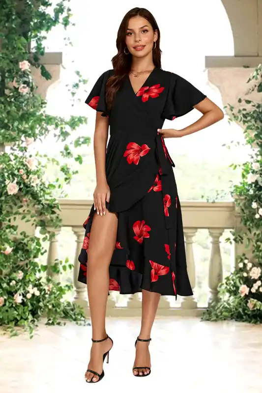 Floral Print Angel Sleeve Wrap Dress In Black - FS Collection