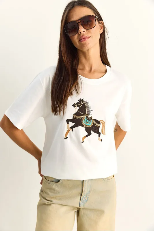 Oversized Embroidered Sequin Crew Neck T-Shirt