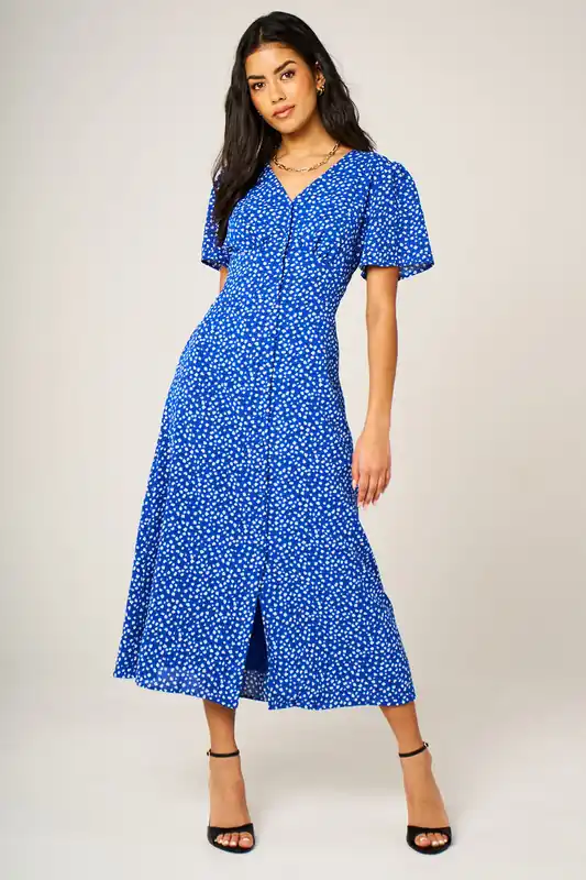 Little Floral Print Short Sleeve Button Front Midi Dress - FS Collection