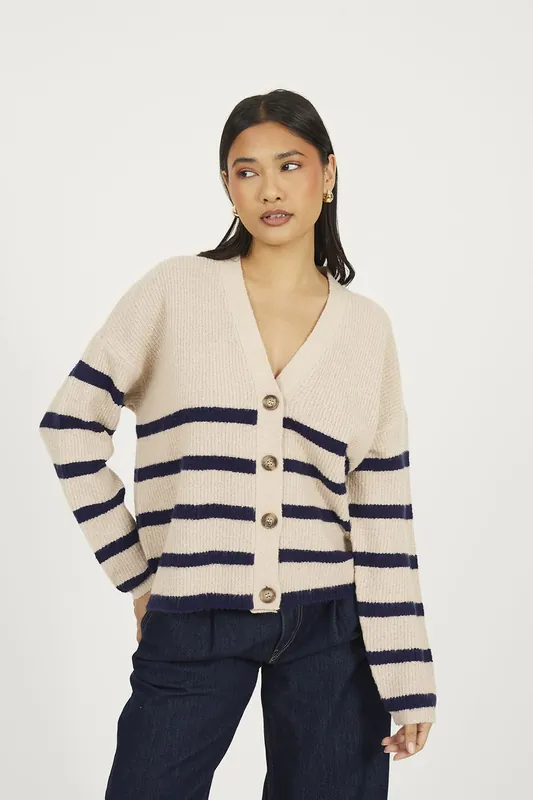 Stripe V-Neck Fisherman Knit Cardigan