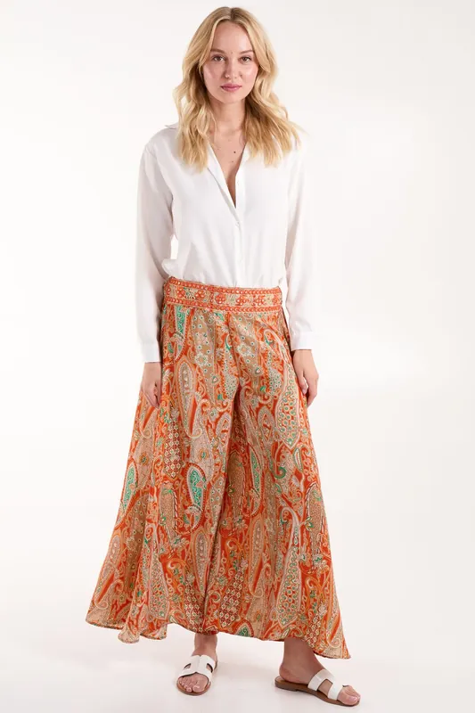 Embellished Waist Wide Leg Trousers - Blue Vanilla