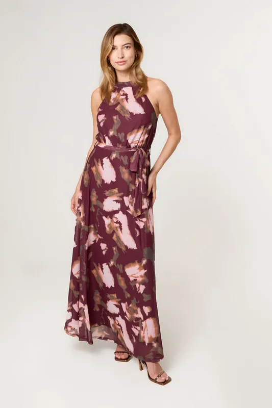 Wine Mesh Halter Neck Belted Maxi Dress - Blue Vanilla