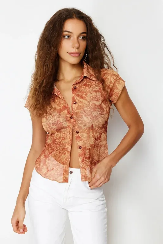 Printed Sheer Short Sleeve Blouse Top - WOVCOR