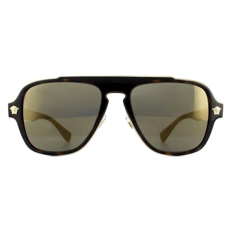 Aviator Dark Havana Dark Grey Mirror Gold Sunglasses - Versace