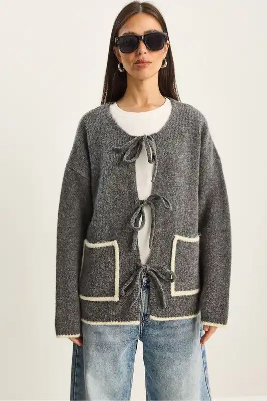 Oversized Knit Cardigan with Tie Closure - Bianco Lucci