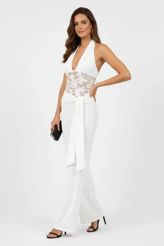 Lace-Panel Wide-Leg Jumpsuit with Drape Detail