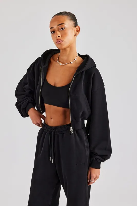 C Cropped Zip Through Hoodie - Black