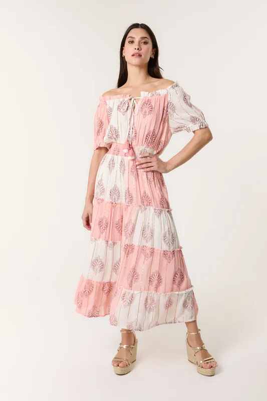 Pink Foil Print Amber Tiered Midi Dress - Blue Vanilla
