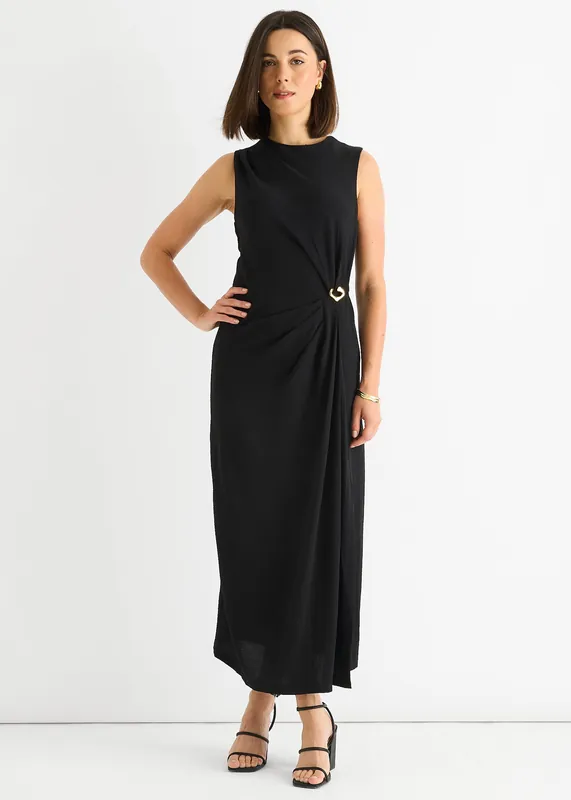Black Waist Ruched Metal Trim Sleeveless Midi Dress - Gini London
