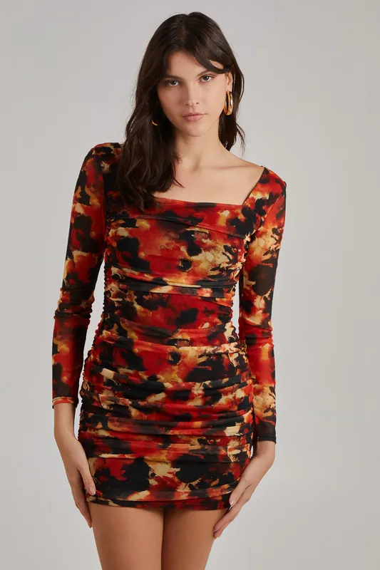 Orange Ruched Smudge Print Long Sleeved Dress - Pink Vanilla