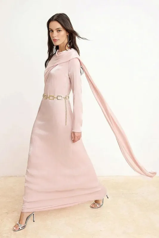 Draped High Neck Long Sleeve Maxi Evening Dress - WOVCOR