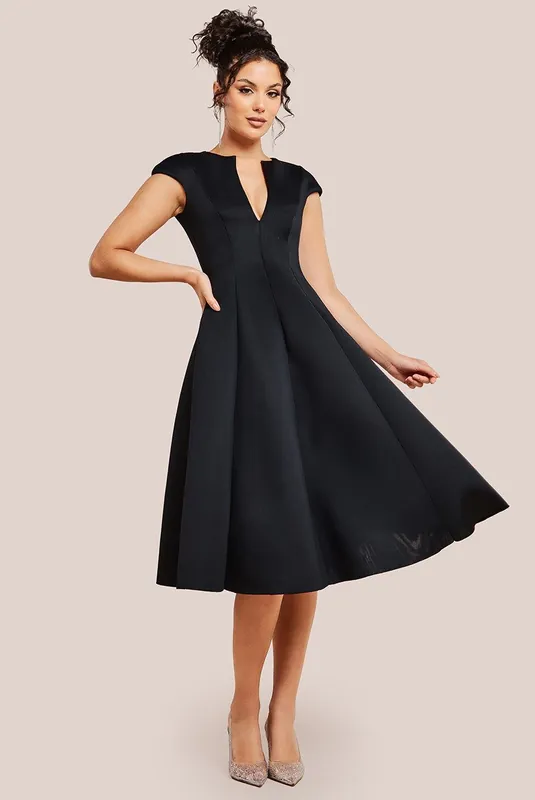 Cap Sleeve Plunging V Neckline A-line Midi Dress