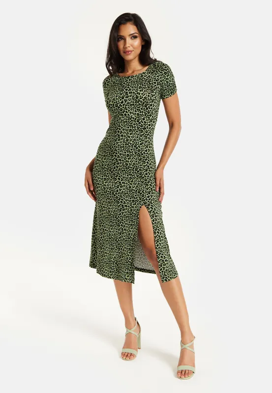 Fitted Midi Dress in Khaki Animal Print - Liquorish