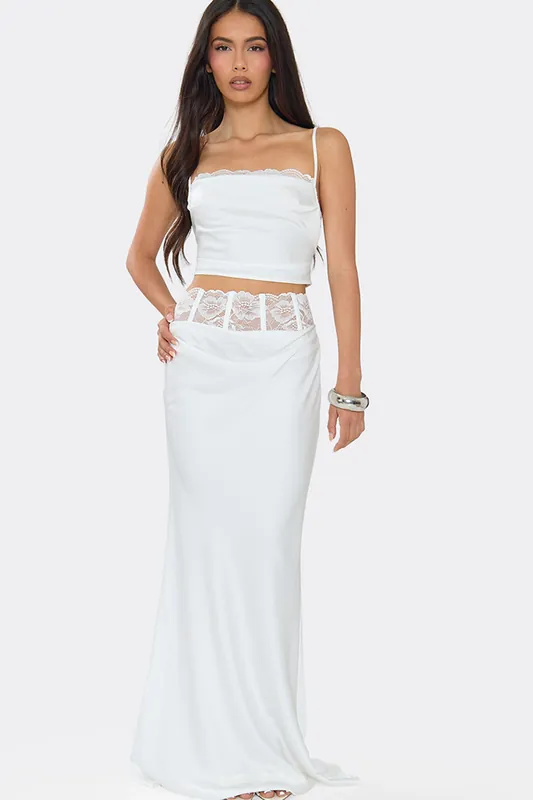 Strappy Straight Neck Lace Trim Satin Top - EGO
