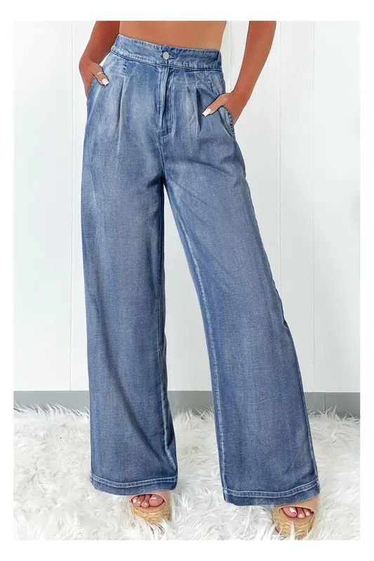 Wide Leg Pleated Jeans - Everyday The Label