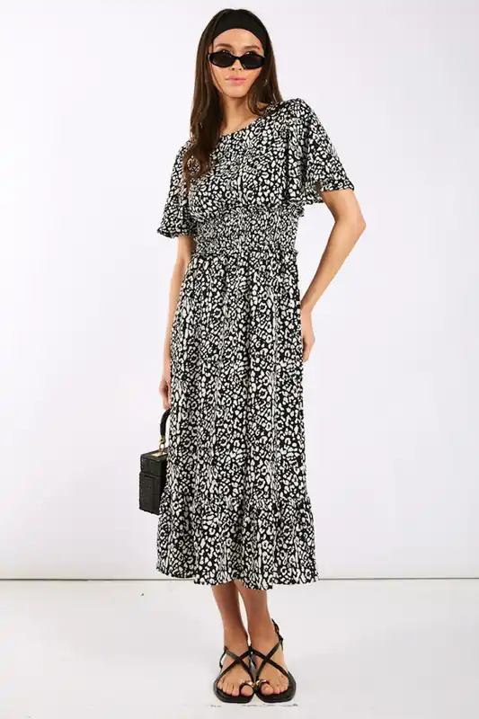 Black Animal Smock Waisted Midi Dress - Needs No Label